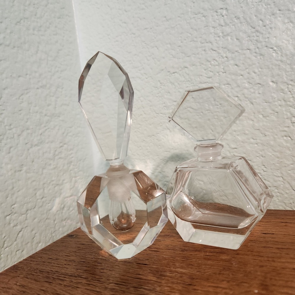 Vtg Crystal Art Deco Perfume Decanter‎ Bottles Pair Vanity Bottles Facet Cut